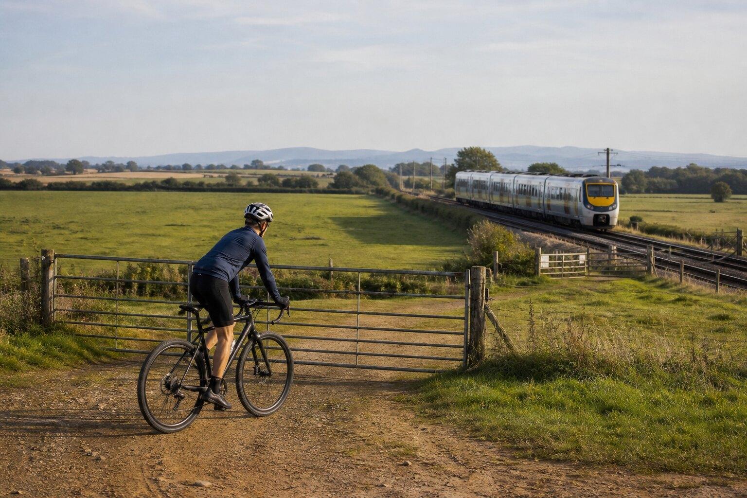 Cyclist crossing a compacted farm track near Adri