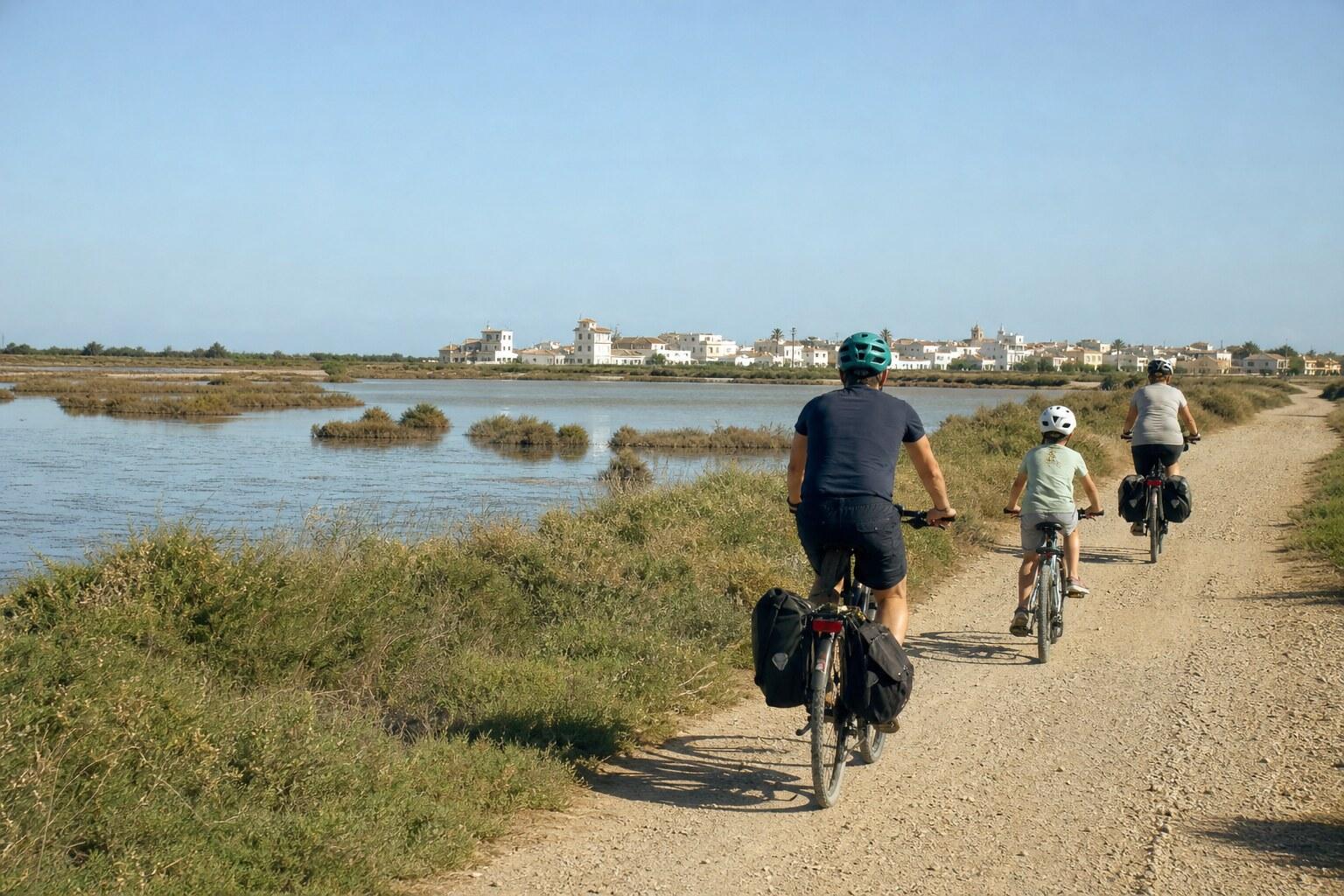 Family cycling a flat path between lagoon wetlands