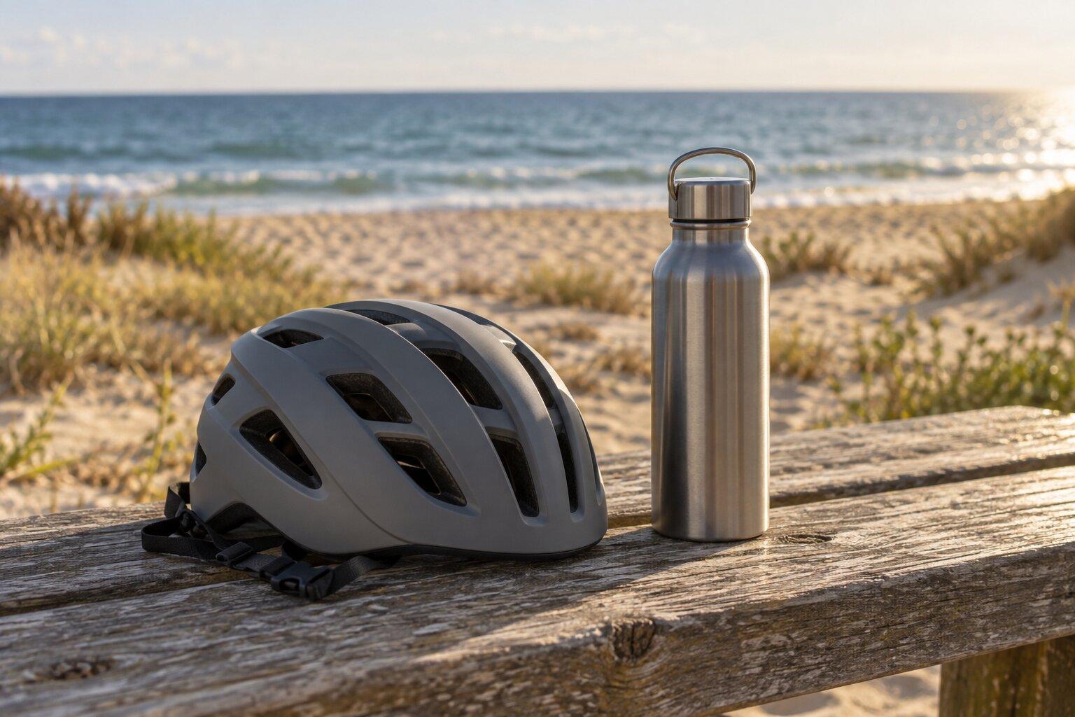 Illustration of a cycling helmet and water bottle on a wooden bench beside a beach