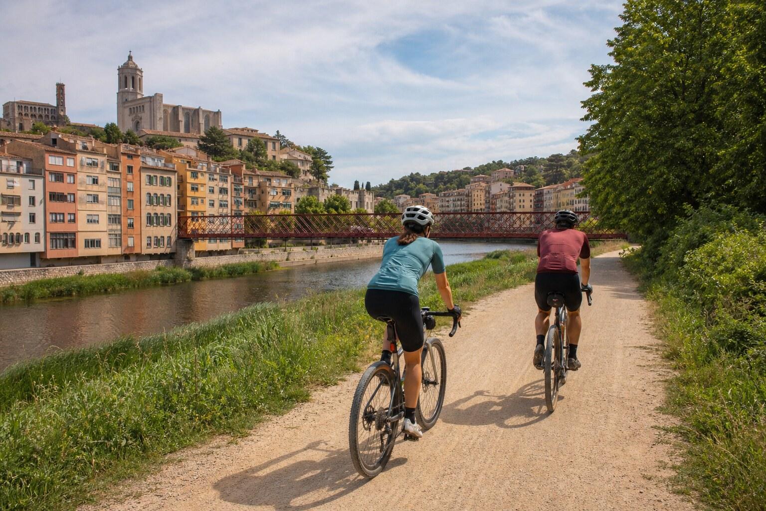 Cyclist testing a rental bicycle beside Girona’s riverfront
