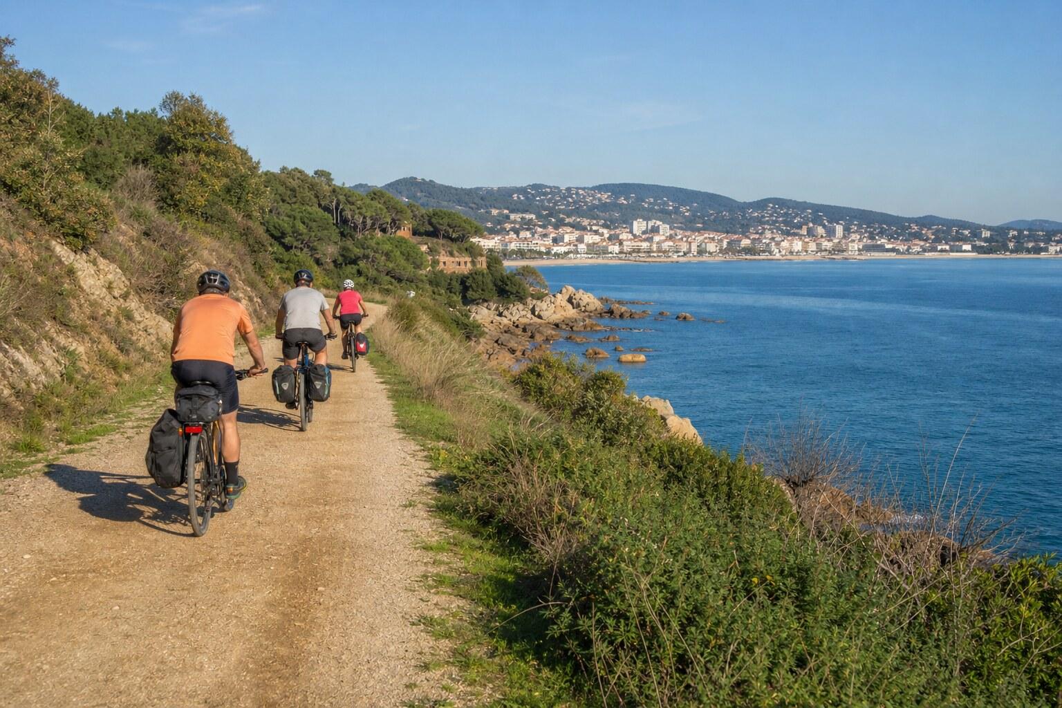 Cyclists reaching the coastal section near Sant Feliu de Guíxols