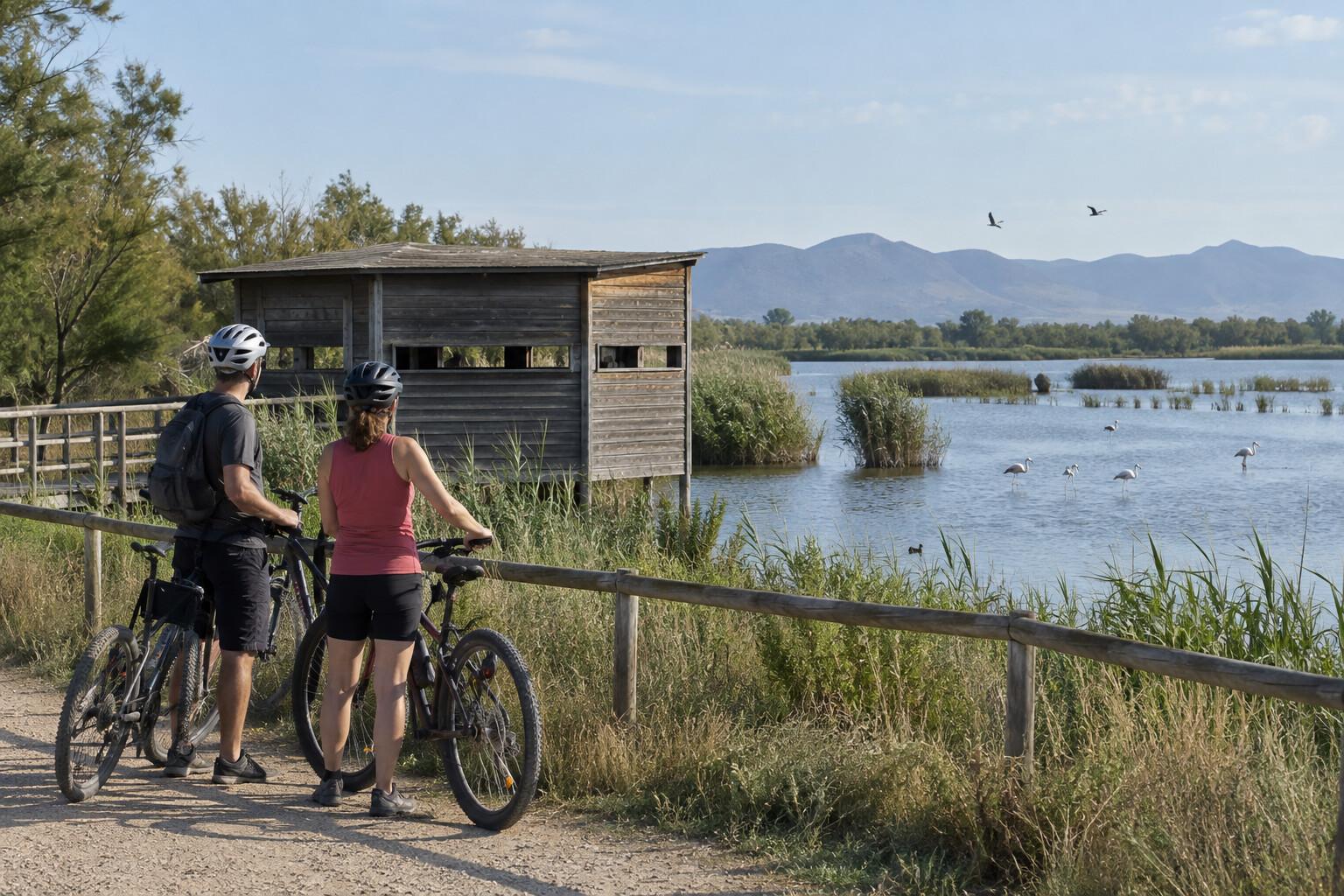 Cyclists stopping beside wetlands and bird hides in the Aiguamolls