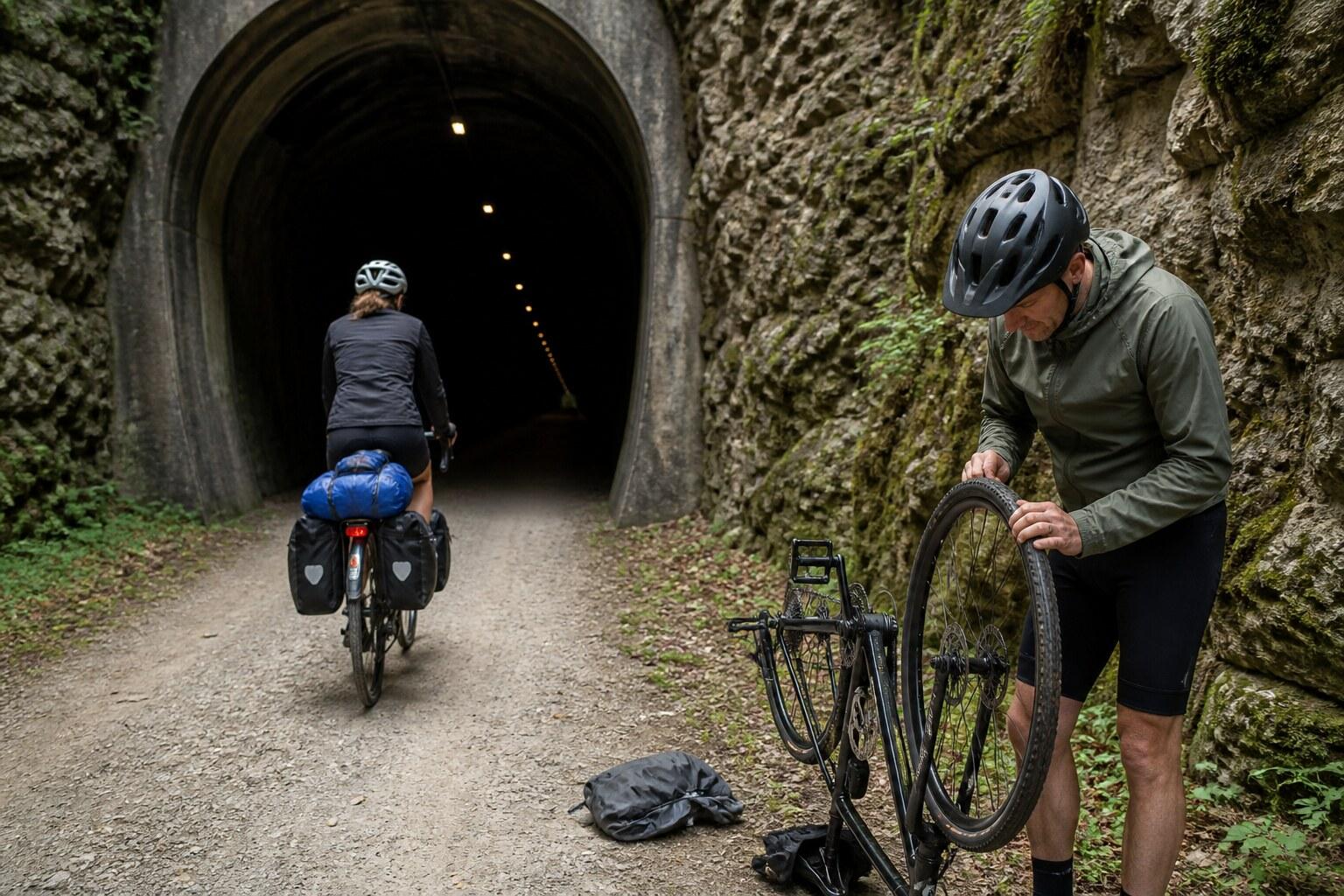 Cyclists riding through a tunnel on the Carrilet greenway