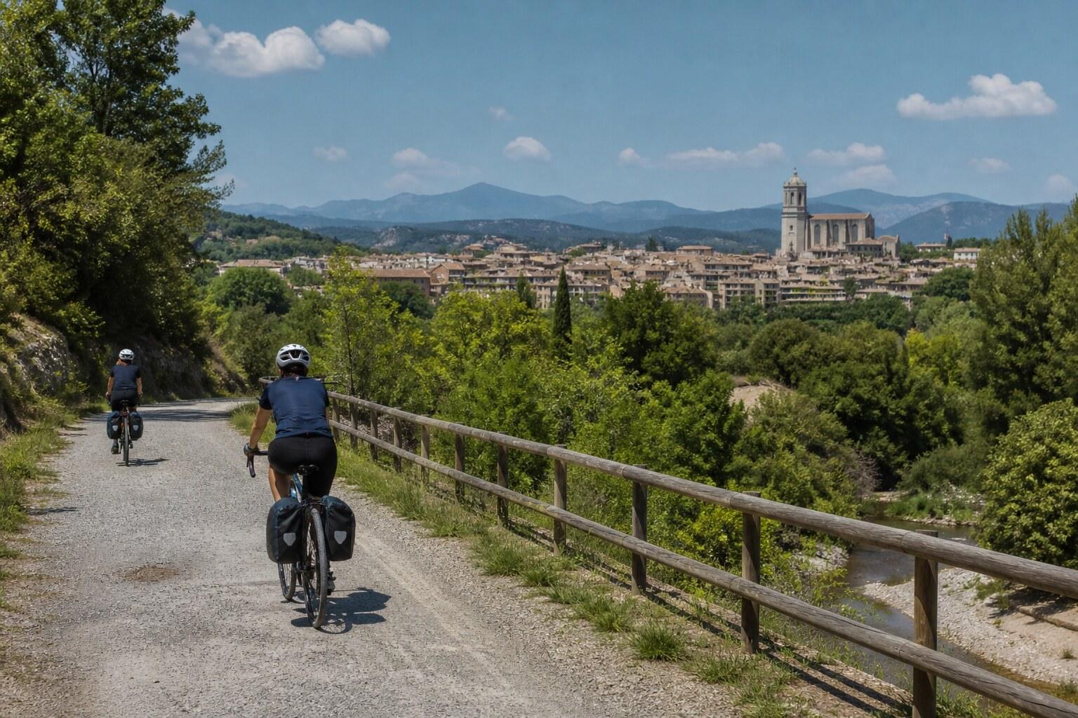 Cyclist following the Carrilet through fields and low hills