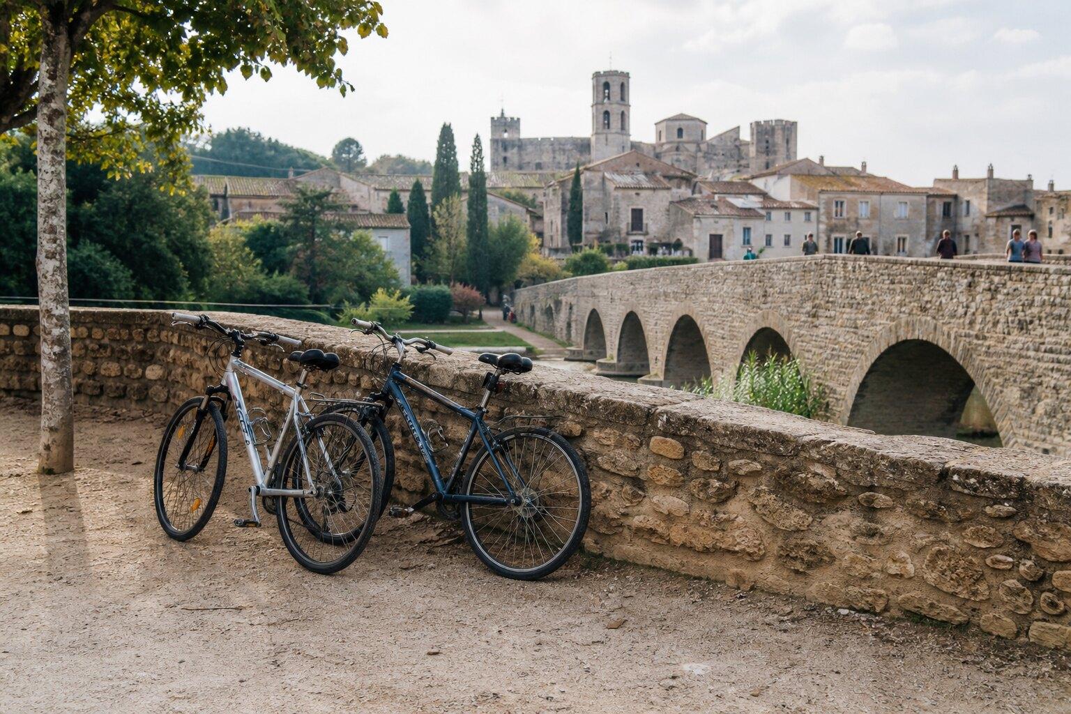 Bicycles beside a stone bridge in Castelló d'Empúries