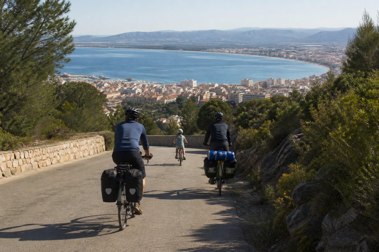 Cyclists approaching Roses with the Bay of Roses ahead