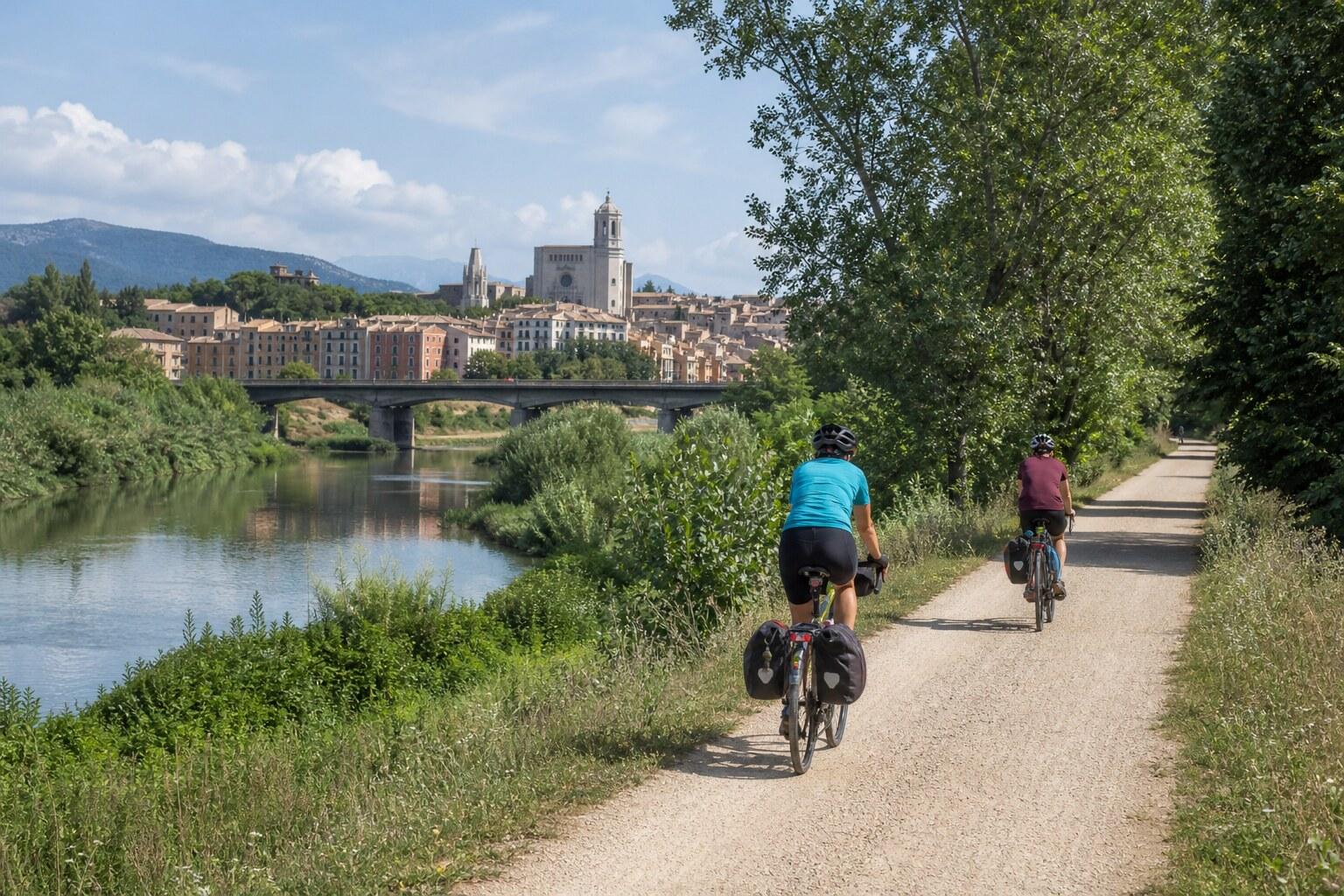 Touring cyclists crossing open countryside on the Pirinexus route