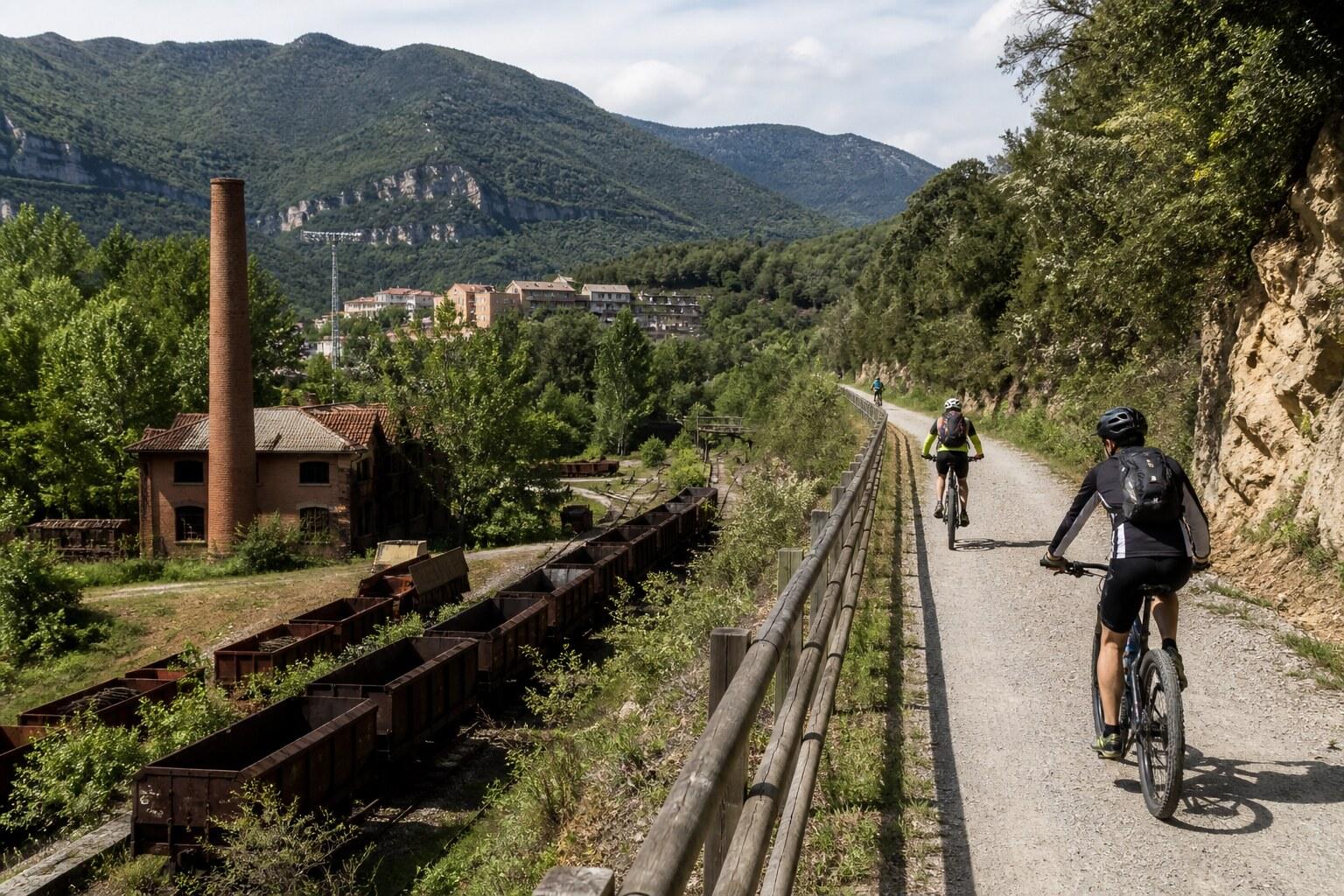 Cyclist riding the greenway beside old railway infrastructure