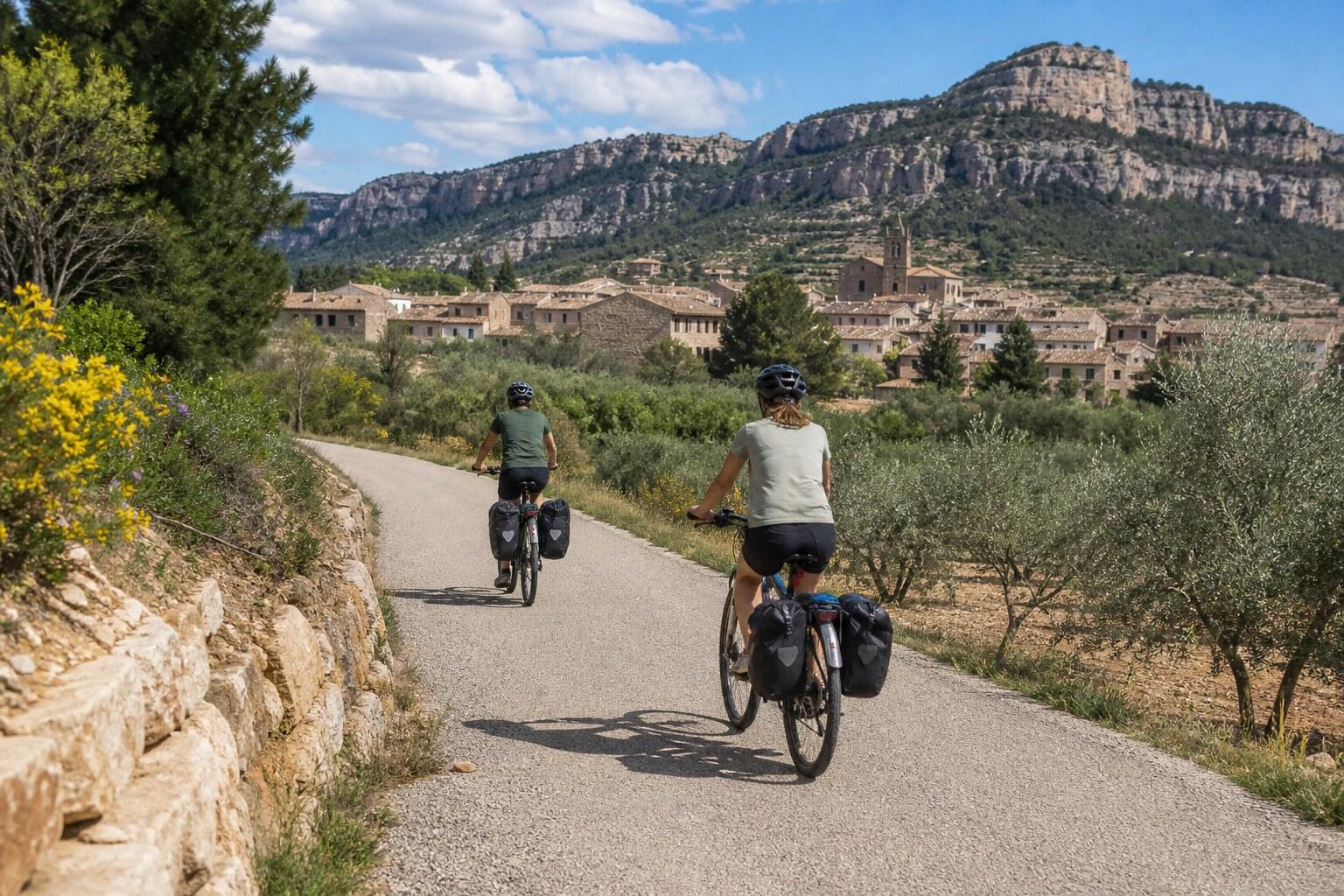 Cyclists riding between viaducts and wooded hills on the Terra Alta greenway