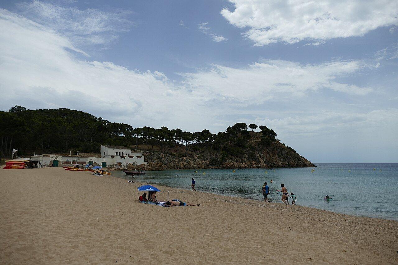 Sand and pine-covered headland at Platja de Castell on an overcast day