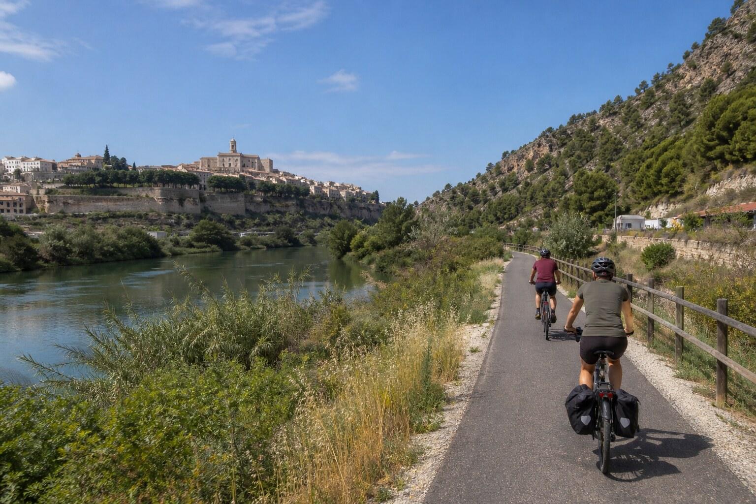Cyclists following the greenway beside the Ebro valley
