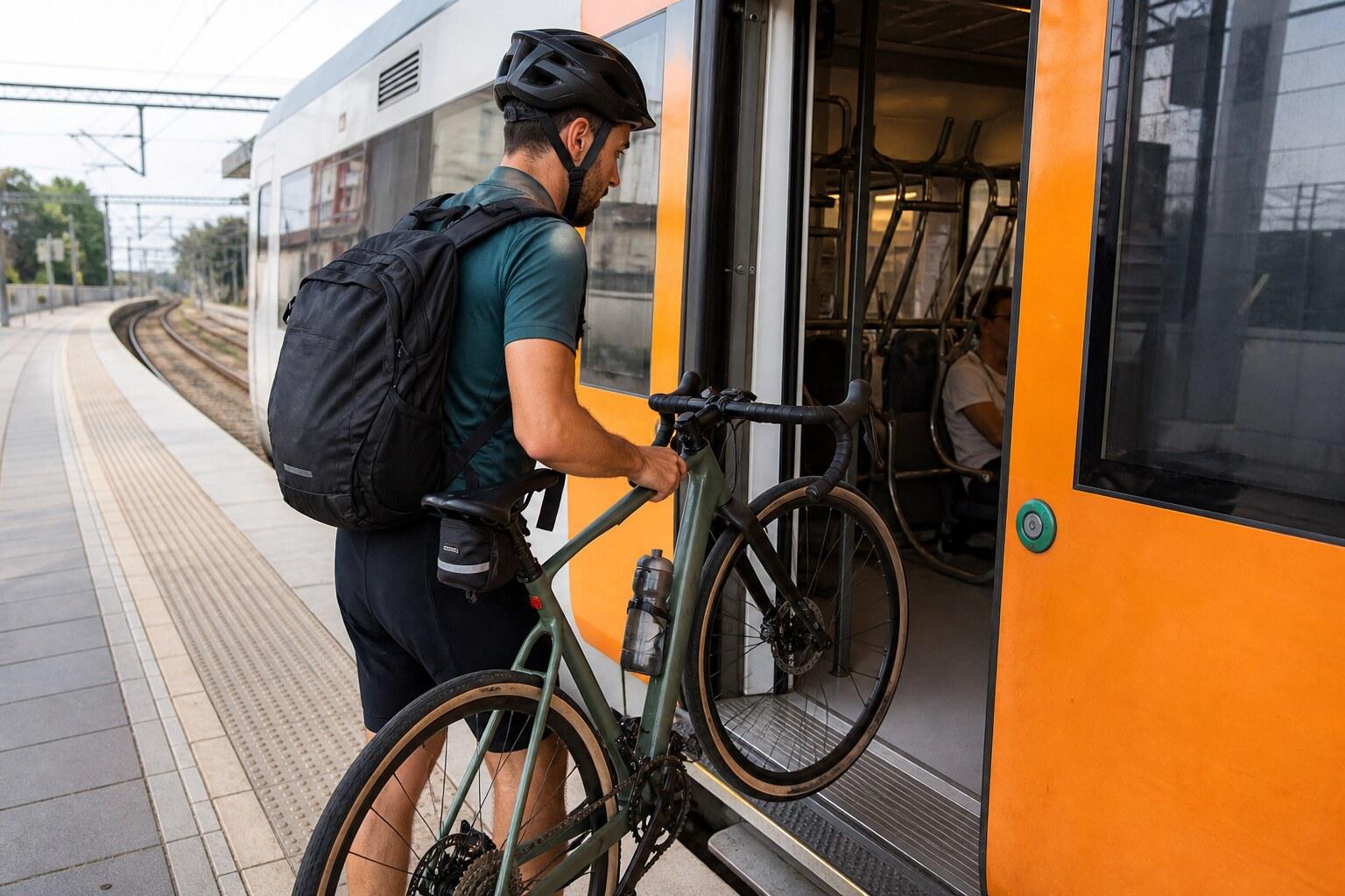 Cyclist rolling a bicycle onto a Maresme commuter-train platform
