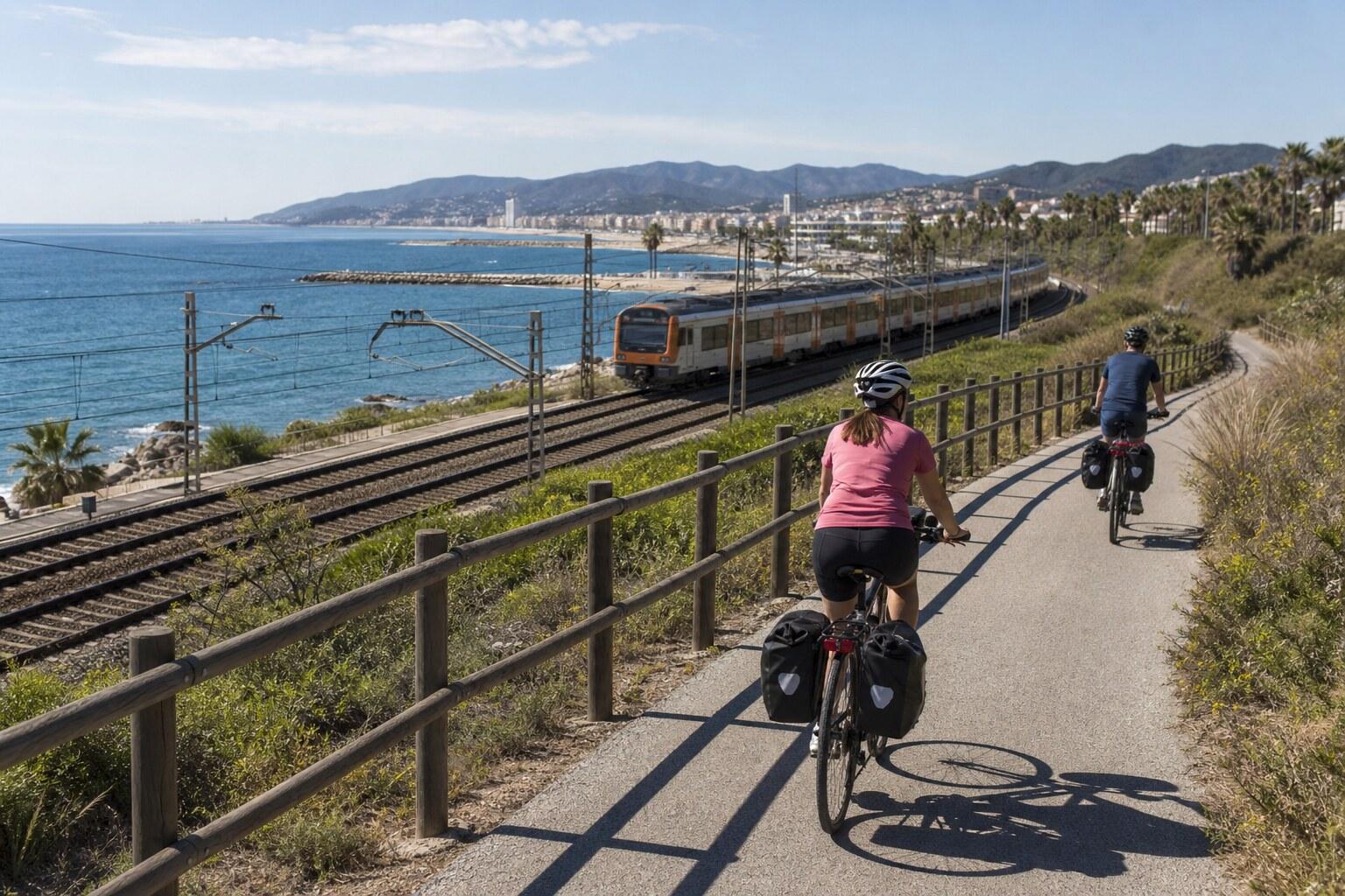 Cyclist riding beside the railway and Mediterranean on the Maresme coast
